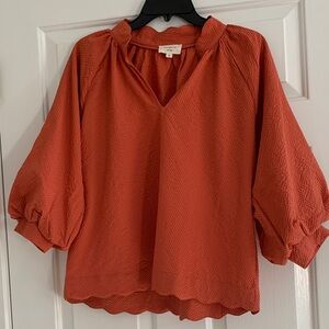 Umgee Textured Notched Balloon Sleeve Blouse with Scalloped Hem